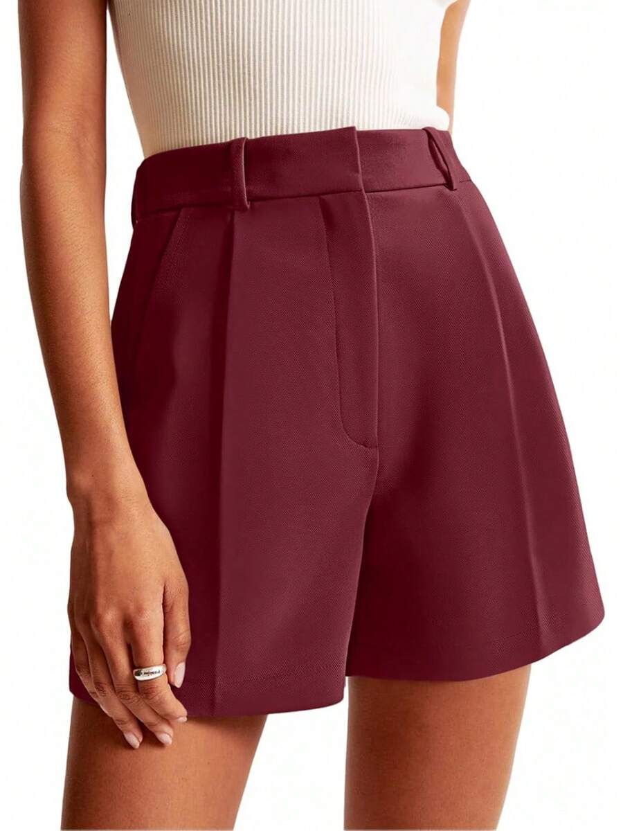 NIMIN Womens Shorts Dressy High Waisted Wide Leg Tailored Shorts Pleated Business Casual Work Trouser Shorts Without BeltsA Valentine's Day J4DI - 酒紅色 - 查看 1
