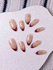 10 miếng dán móng tay thủ công hình hạnh nhân màu đỏ kiểu Pháp, trang trí bằng sao vàng và hạt vàng. Những miếng dán móng tay này có phần đầu móng được vẽ tay màu đỏ kiểu Pháp, điểm xuyết bằng sao vàng và hạt vàng, kết hợp hoàn hảo giữa sự thanh lịch và thời trang. - Nhiều màu - Xem 5