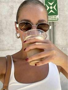 1 Pair Oval Petite Fashionable Women's Glasses, Retro Chic Fashion Glasses With Metal Frame In Black, Travel & Beach Accessory, Women's Autumn/Winter Essential, Business & Casual Gift - Brown - View 2