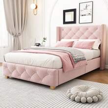 Bed With Storage Compartment And Drawers, Velvet Upholstery, Tufted Bed, Slatted Base, Double Bed, Large Storage Space