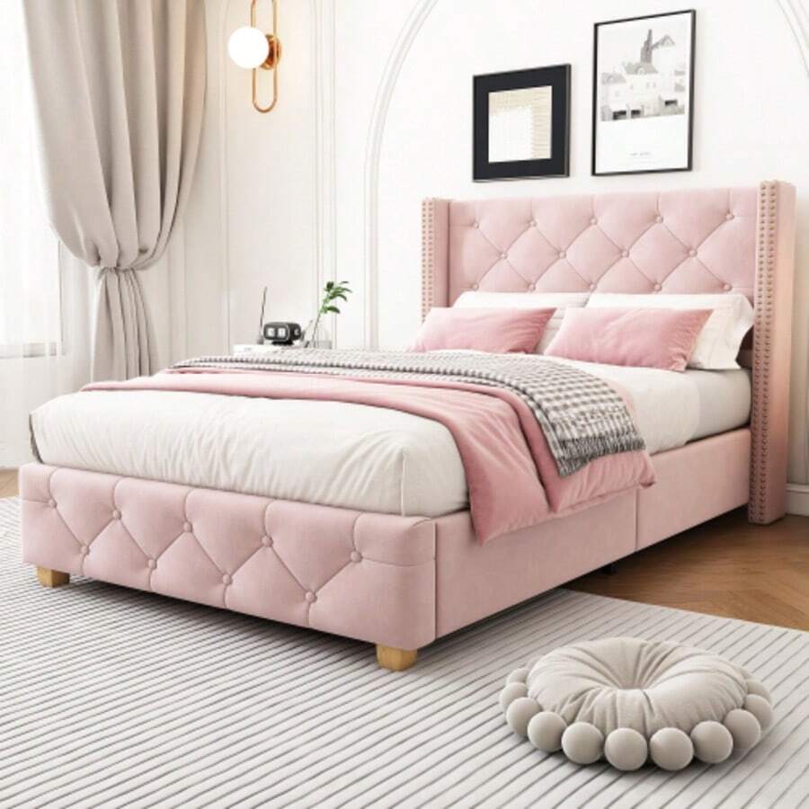 Bed With Storage Compartment And Drawers, Velvet Upholstery, Tufted Bed, Slatted Base, Double Bed, Large Storage Space