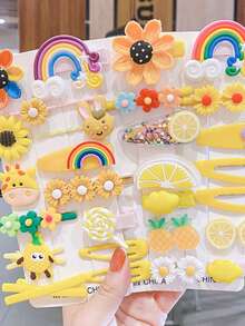 14 Pieces Of Girls' Hair Clips And Scrunchies With Appliques And Designs, Tic Tac, Duckbill Clips - Màu vàng - Xem 2