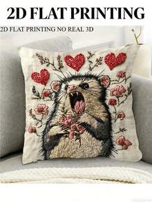 [1pc Retro Kangaroo Pillow]1pc 2D FLAT Printing Retro Style Screaming Kangaroo Pillowcase | Single-Sided Print, 18x18 Inches, Decorated With Floral Hearts And Pink Roses, Zip Closure, Machine Washable | Pillow Insert Not Included, Suitable For Decorating Bedrooms, Living Rooms, Dormitories, Etc. - 1個 - 查看 1