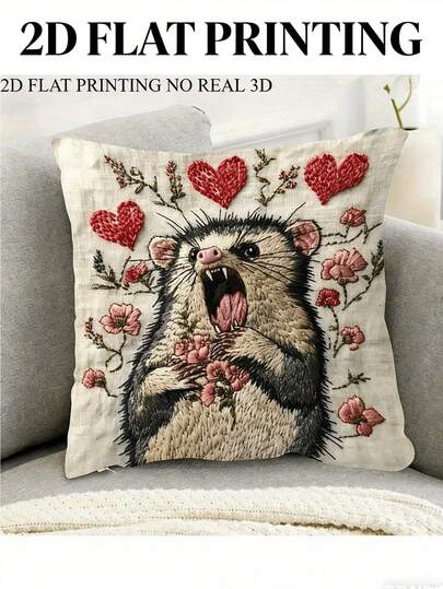 [1pc Retro Kangaroo Pillow]1pc 2D FLAT Printing Retro Style Screaming Kangaroo Pillowcase | Single-Sided Print, 18x18 Inches, Decorated With Floral Hearts And Pink Roses, Zip Closure, Machine Washable | Pillow Insert Not Included, Suitable For Decorating Bedrooms, Living Rooms, Dormitories, Etc.