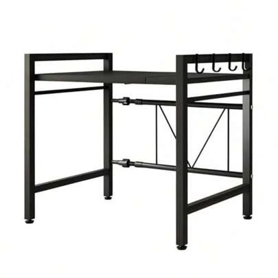 レンジラック トースターラック 伸縮式 幅 44.5~66cm 棚板高さ調節可 耐荷重60kg フック6個付き ブラック