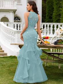 Sequin Floral Lace Contrast Color Mesh Backless Ruffle Hem Formal Party Maxi Dress, Elegant Ladies Party Gown, Formal Evening Dress, Ball Gown, Suitable For Wedding Guest, Graduation Ceremony, Gala Dinner And Other Occasions Spring - Mint Blue - View 3
