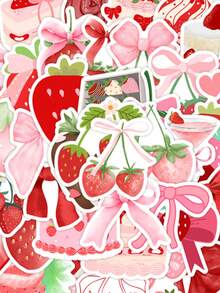 50张卡通梦幻可爱草莓美学贴纸套装，粉色情人节贴纸，时尚贴纸，适用于剪贴簿、水瓶、滑板、行李箱、笔记本电脑、汽车、派对用品 - O - 查看 12