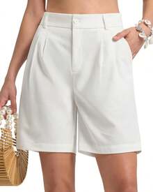 Women's Linen Shorts Dress Casual Wide Leg Summer Pleated Shorts High Waisted With Pockets 10A Valentine's Day 125J - 白色 - 查看 1