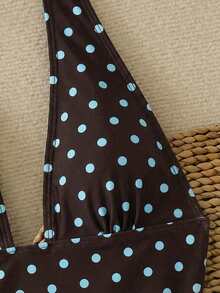 女士性感波点扭结不对称露背纱笼两件式连体泳衣，度假沙滩装，夏季 - 棕色 - 查看 4