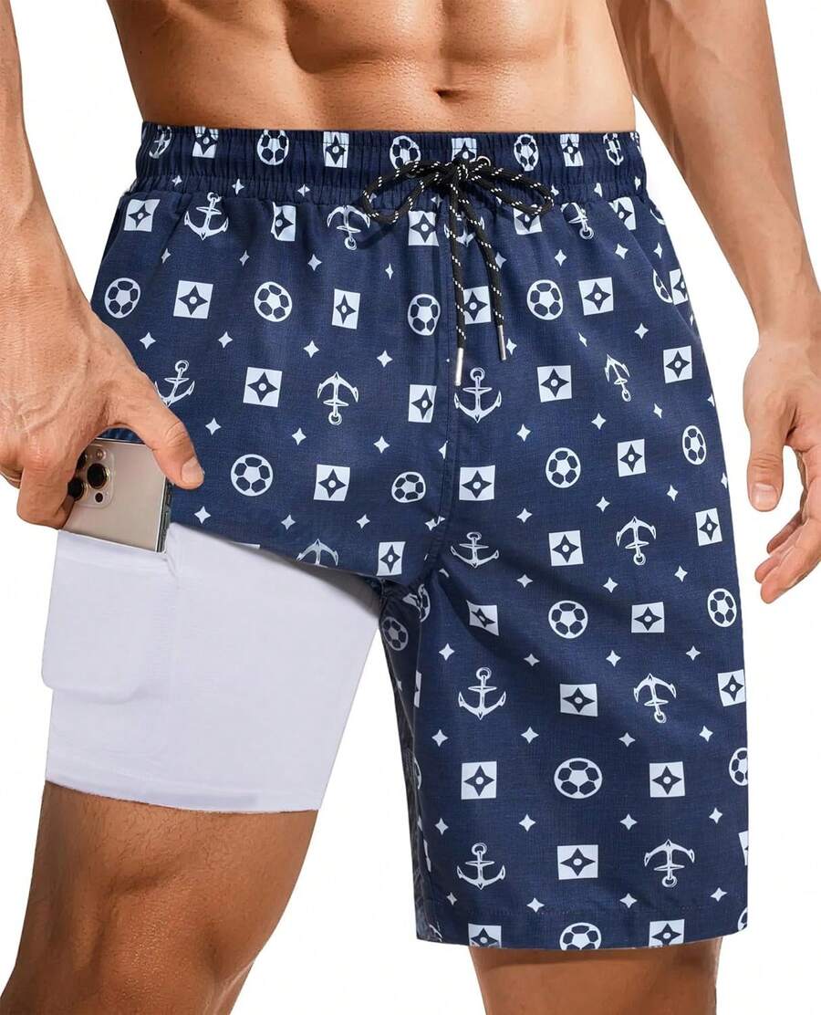 9inch Mens Swim Trunks: 2 In 1 With Compression Liner Stretch Quick Dry Drawstring Shark Pockets Beach Pool VacationA Valentine's Day HVGG - Impresión con reverso azul - Ver 1