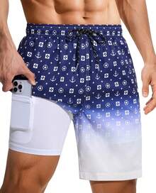 Bañador de hombre de 9 pulgadas: 2 en 1 con forro de compresión, elástico, secado rápido, cordón, bolsillos con diseño de tiburón para playa y piscina. Un regalo de San Valentín HVGG - Estampado degradado azul y blanco - Ver 7