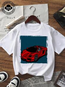 2026 Summer Short Sleeve T - Shirt Unisex Casual Loose Fit Black Tee With Vibrant Red Sports Car Graphic Print Streetwear  Oversized Top For Women Men Daily Wear - White - View 1