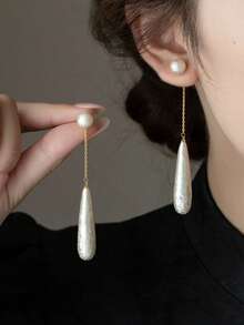 1 Pair Elegant French Style Textured Long Teardrop Pearl Earrings, Luxury Minimalist Design Suitable For Women's Daily, Party, Wedding, Engagement, Holiday Wear - White - View 7
