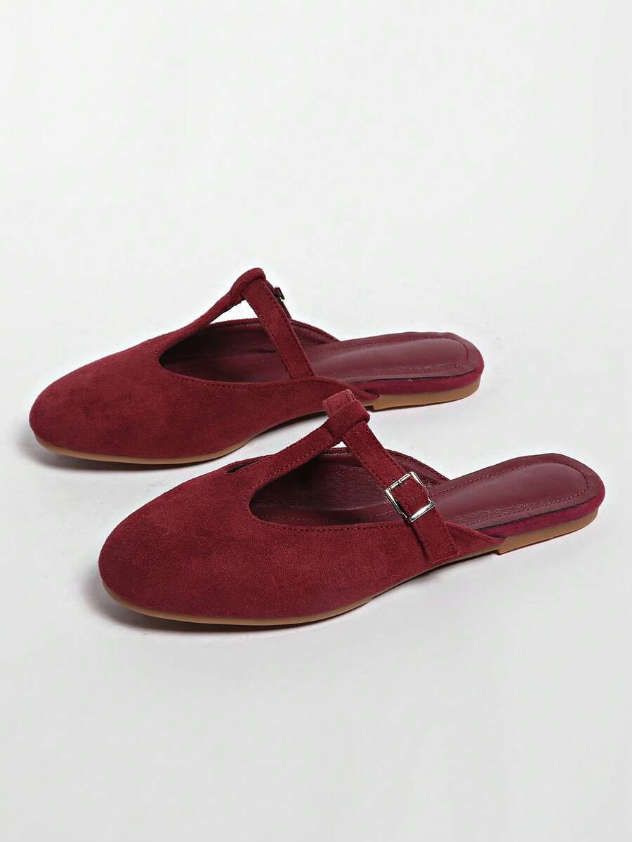 Giày sandal nữ thời trang mùa hè, quai da lộn, kiểu dáng retro, đế bằng, xỏ chân, hở gót, giày casual. - Màu Đỏ Sâu - Xem 1