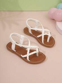1双夏季休闲幼儿/儿童凉鞋，时尚弹力交叉绑带露趾凉鞋，适合旅行、海滩、日常穿着 - 白色 - 查看 1