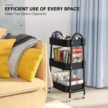 3-Tier Utility Rolling Cart With Handle And Lockable Wheels, Metal Storage Organizer With Mesh Baskets For Kitchen, Living Room, Office, And Garage (Black) - Black + Normal - View 6