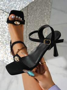 1 Pair Elegant Fashion Vacation & Commute Western Style Wedding Sexy PU Leather Buckle Rhinestone High Heel Ladies Sandals, Solid Color For Wedding, Party, Holiday - Black - View 2