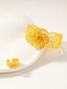 2pcs Middle Eastern Bride Hollow Exaggerated Bracelet & Ring Jewelry Set, Dubai Wedding Jewelry, Suitable For Banquet, Party, Evening Gown - Yellow Gold - View 6