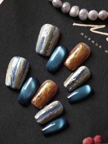 10片装亚克力美甲贴片，蓝绿色猫眼棕色金色重工风短款假指甲，人造指甲套装，包含1张粘合贴片和1个迷你指甲锉。 - 彩色 - 查看 2