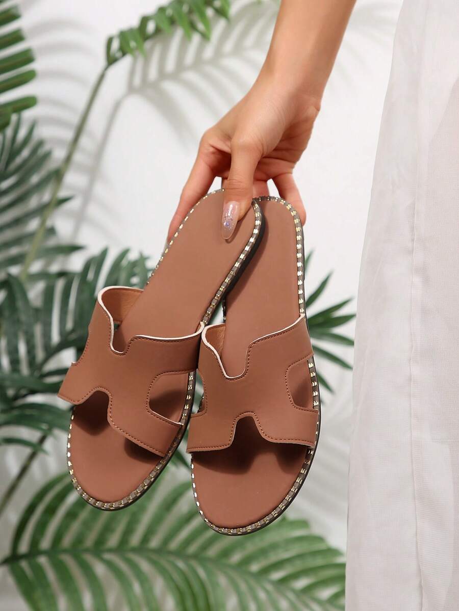 New Women's Fashion Flat Sandals, Slip-On Slippers, Solid Color Beach PU Leather, Bohemian Beach, Spring/Summer - Brown - View 1