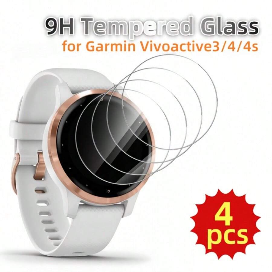 4片装9H硬度钢化玻璃屏幕保护膜，适用于vivoactive 3/4/4S，防气泡、防刮花、防指纹、高清晰度 - 4pcs透明 - 查看 1