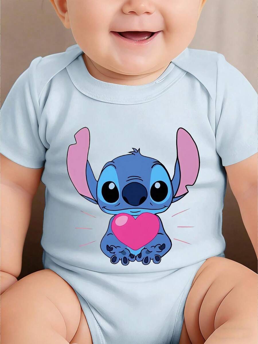 Disney Baby Clothing, Newborn  - Unisex - Disney Stitch Creative Cartoon Print - Crawling And Toddling Stage Set - Summer Outdoor Casual Crewneck Crawling Coverall With Triangle Hem Design - Summer Essential Item - Fun-Filled - Adorably Cute - Perfect Holiday Gift For Infants And Toddlers - 淺藍色 - 查看 1