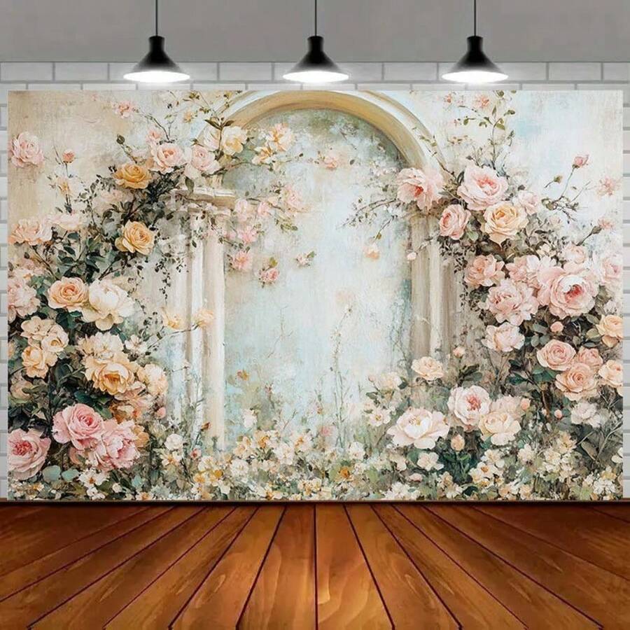 2D flaches Banner 1 Stück Vintage Garten Blumen Hintergrund - Romantische Bögen geschmückt mit blühenden Rosen und zarten rosa Blüten. Eine märchenhafte Polyester Fotografie Kulisse, perfekt für Hochzeiten, Jahrestage, elegante Veranstaltungen und Partydekorationen. Hochzeitsdekoration.