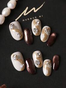 10pcs Acrylic Press On Nails Brown Nails Golden Line Pile Up Drill Short Nails Fake Nails Artificial Nails Kit Includes 1sheet Adhesive Tabs &1 Pc Mini File