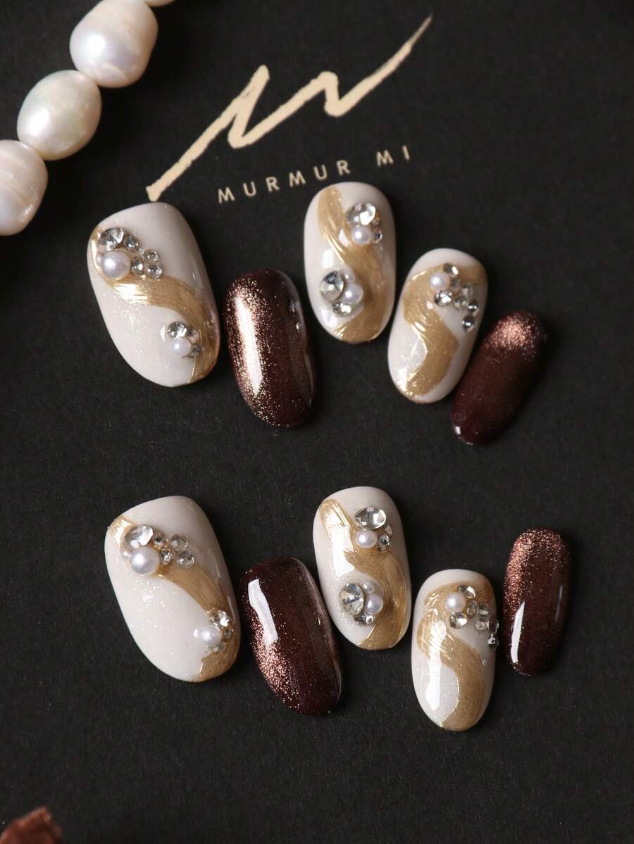 10pcs Acrylic Press On Nails Brown Nails Golden Line Pile Up Drill Short Nails Fake Nails Artificial Nails Kit Includes 1sheet Adhesive Tabs &1 Pc Mini File