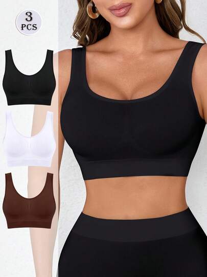 3 piezas Sujetadores deportivos transpirables y sin costuras para mujeres, camisetas sin relleno de espalda de tirantes para ejercicio