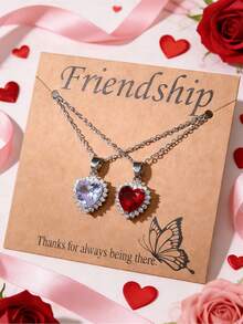 两件套时尚心形金属镶嵌水晶锆石钻石吊坠项链套装，男女皆宜，情人节、送给爱人、朋友的礼物 - 彩色 - 查看 14