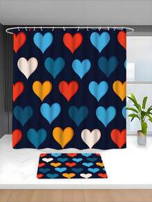 4pcs/Set Heart & Plaid Print Shower Curtain Set, Bathroom Partition Curtain With Hooks, Non-Slip Bathroom Mat Carpet, U-Shaped Toilet Mat, Toilet Seat Cover, Holiday Party Home Bathroom Accessories 4pcs Shower Curtain Set - Multicolor - View 5