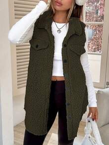Women's Casual Solid Color Sleeveless Vest, Basic Everyday Outerwear Sherpa Vest Brown Sweater Vest Fall Vest Women Vest Teddy Vest  Country Style For Women Female Country Look Country For Women Fall For Women Autumn Fall - 綠色 - 查看 1