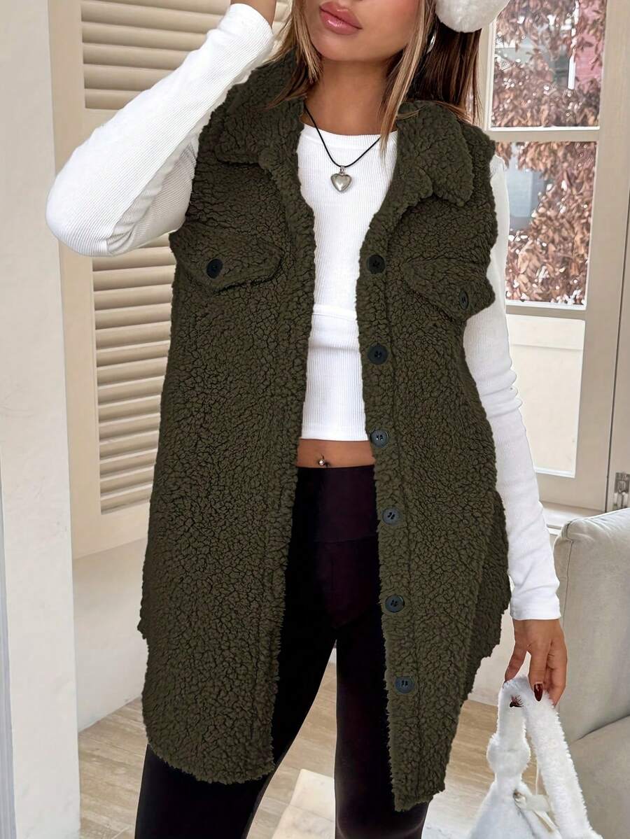 Women's Casual Solid Color Sleeveless Vest, Basic Everyday Outerwear Sherpa Vest Brown Sweater Vest Fall Vest Women Vest Teddy Vest  Country Style For Women Female Country Look Country For Women Fall For Women Autumn Fall - 綠色 - 查看 1