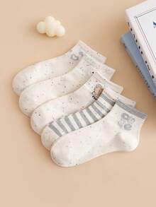 5 Pairs Women's Striped Polka Dot Cartoon Casual Ankle Socks, Versatile For Daily Wear, Spring/Summer