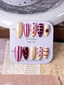 10片手工制作的杏仁形假指甲，图案包括黄色、粉色条纹、波点和色彩缤纷的多巴胺风格图案。这些指甲采用手工绘制的黄色、粉色和红色条纹及波点设计。优雅、浪漫、简约的按压式指甲，散发着高端、性感和奢华的气息。适合日常佩戴、约会、音乐会和轻度商务场合，是送给女性和女孩的绝佳礼物。 - 彩色 - 查看 3