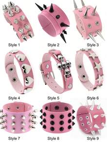 1件朋克粉色骷髅铆钉创意手链，女士日常、节日、派对佩戴，情人节完美礼物，魅力配饰