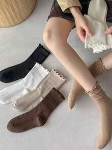 6/3/1 Pair Japanese Style Frill Edge Mid-Calf Socks, Maillard Color Palette Lolita Style Versatile Slouch Socks, Women's Soft Girl Style Ruffle Edge Breathable Socks, Daily JK Dress Matching Spring/Autumn Socks - Type a - View 4