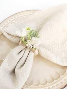 3 piezas Anillos de servilleta de madera con flores artificiales, decoración de mesa de comedor para boda, fiesta, baile de graduación, cena - Multicolor - Ver 4