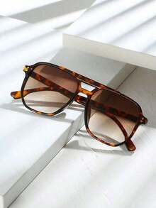Unisex Tortoise Color Square Frame Double Bridge Pilot Style Fashion Glasses Vacation Boho Shades Beach Accessories Beach Accessories Women Glasses Shades Basics Fall Winter Women Outfits Clothes Business Casual Gifts Leopard Color Blocking Boho Vacay Vacay Vibes - Multicolor - View 2