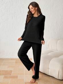 Women's Fashionable Minimalist Cute Lace Trim & Bow Splice Round Neck Long Sleeve Pajama Set - Black - View 4