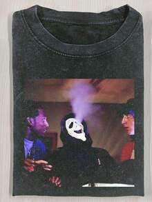 Halloween Retro Washed T-Shirt Scream Ghostface Heart Hands Graphic Tees Water Washing Print T-Shirt, Men's Vintage T-Shirt,Short Sleeves Crew Neck Top Tees, 230 Gram Cotton T Shirts, Holiday Gifts - 黑色 - 查看 1
