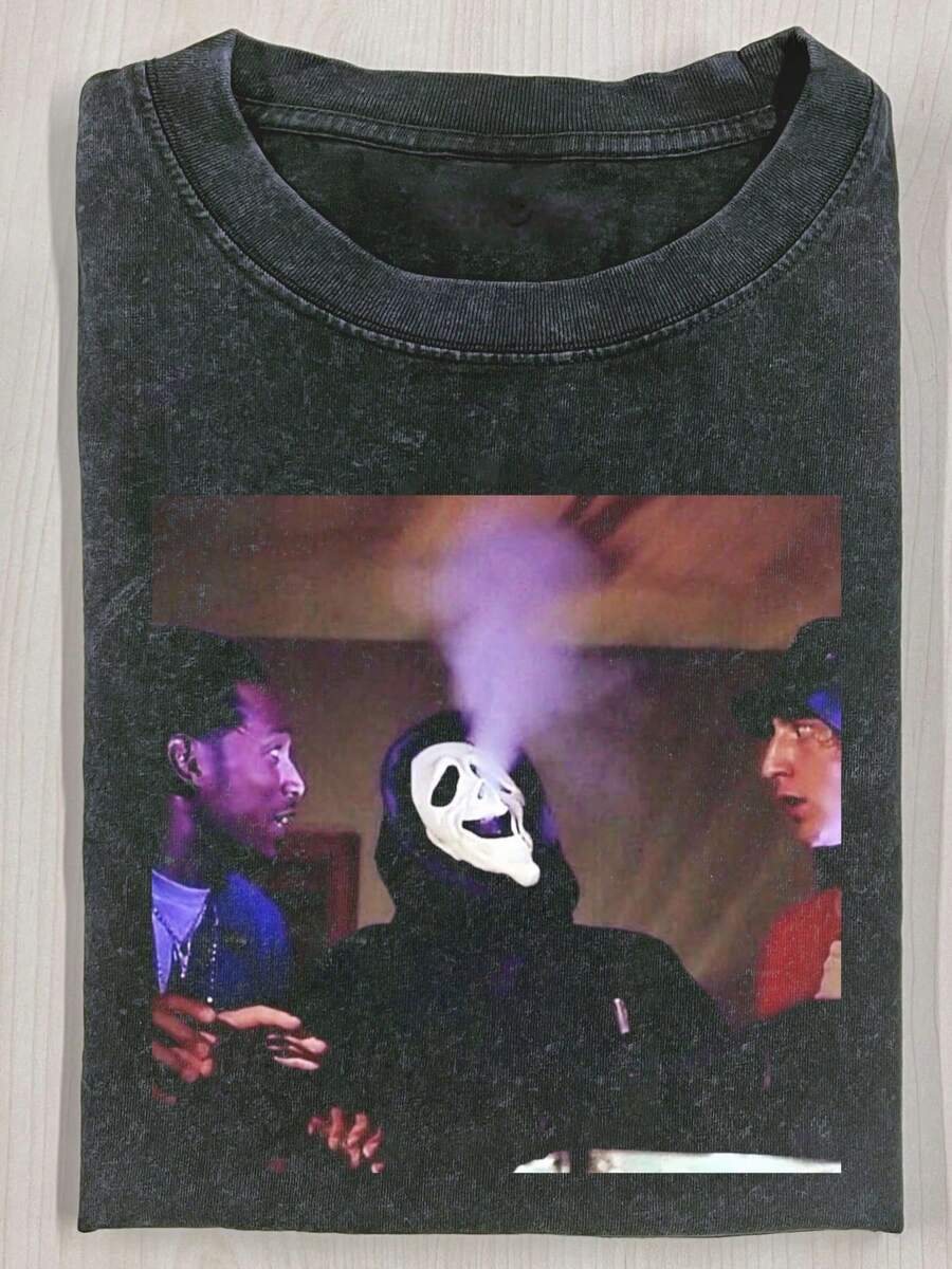 Halloween Retro Washed T-Shirt Scream Ghostface Heart Hands Graphic Tees Water Washing Print T-Shirt, Men's Vintage T-Shirt,Short Sleeves Crew Neck Top Tees, 230 Gram Cotton T Shirts, Holiday Gifts - 黑色 - 查看 1