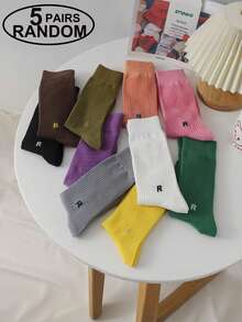 Conjunto de 5 pares de meias casuais de algodão coloridas com a letra R em cores sortidas para outono/inverno, meias da moda até a panturrilha para mulheres. - Multicolorido - Ver 6