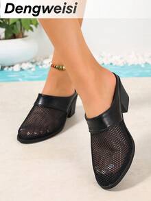 Black Mesh Patchwork Mid-Heel Round Toe Women's Sandals, Half-Slip Breathable Versatile Comfortable Summer Beach Resort Casual Office Commute Daily Wear Shoes - Black - View 3