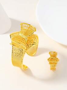 2pcs Middle Eastern Bride Hollow Exaggerated Bracelet & Ring Jewelry Set, Dubai Wedding Jewelry, Suitable For Banquet, Party, Evening Gown - Yellow Gold - View 8