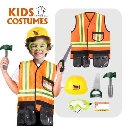 Children's Engineer Costume Playset, Includes Safety Vest, Hard Hat, Goggles And Plastic Toy Tools, Roleplay Outfit For Party, Pretend Play Toys For Boys And Girls 3+ Years Old, Ideal Birthday/Holiday/Party Gift