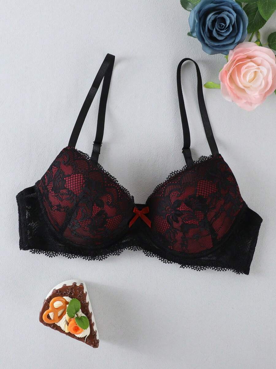 1pc Women's Sexy Lace Padded Push-Up Bra - Black - View 1