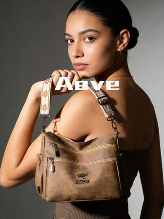 女士纯色大容量手提包，多口袋拉链复古优雅斜挎包，袋鼠式口袋五金配件，字母装饰，防水PU防盗户外购物妈妈包，轻便便携小袋可装手机和零钱，适合购物、聚会、商务场合