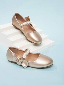2026 Nuevos zapatos planos elegantes y sencillos de unicolor con lazo de perlas para niñas, primavera - Dorado - Ver 2